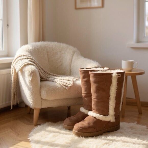 BearPaw Kendall Hickory Suede Tall Boots Sherpa Sheepskin Lining Size 10 Pull On - Picture 1 of 12